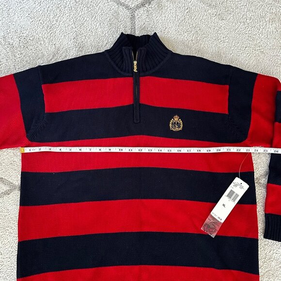 NWT Ralph Lauren Blue/Red Stripe Mock Neck Sweater Embroidered Crest Sz XL - Picture 4 of 8